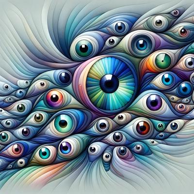 The primary subject of the image is a large, colorful, and intricate eye, which is the main focus of the scene. The eye is surrounded by a variety of smaller eyes, creating a visually striking and unique pattern. The setting appears to be a digital art or illustration, as the eye and the smaller eyes are depicted in a vibrant and detailed manner. The colors and mood of the image are predominantly blue and purple, giving it a calm and serene atmosphere.